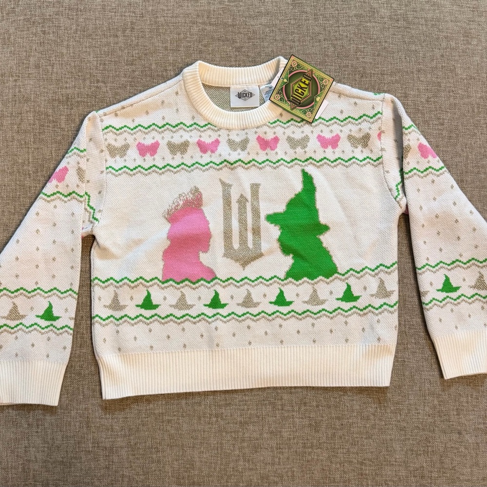 Wicked Girls Pullover Sweater Size 12 White Pink Green Gold Butterfly Graphic